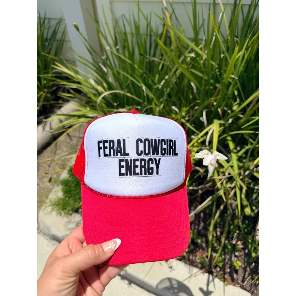 Feral Cowgirl Energy Red White Trucker Hat Mesh Snapback Baseball Cap